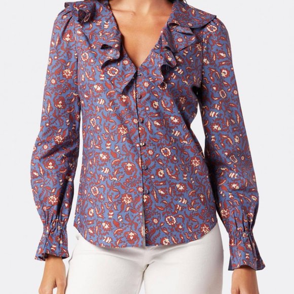 Joie Mazet Long Sleeve Cotton Top Bijou Blue Multi Size M NWT - Picture 3 of 7